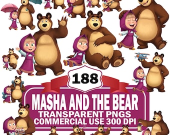 May include: A collection of digital illustrations featuring Masha and the Bear in various poses, including holding a cake, playing a guitar, and using an umbrella. The central text reads 188 MASHA AND THE BEAR TRANSPARENT PNGS COMMERCIAL USE 300 DPI.