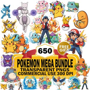 Może przedstawiać: Cyfrowa kolekcja 650 ilustracji postaci Pokemon i przezroczystych plików PNG przedstawiających Asha Ketchuma, Pikachu, Charmandera, Squirtle'a, Bulbasaura, Mewtwo i Snorlaxa. Grafika zawiera tekst POKEMON MEGA BUNDLE, 300 DPI oraz FREE GIFT.