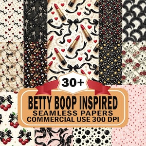 Op de afbeelding: Een collectie digitale naadloze papieren met patronen van rode harten, zwarte strikken, lippenstiften, kersen, rozen, sterren en stippen. De centrale tekst luidt 30+ BETTY BOOP INSPIRED SEAMLESS PAPERS COMMERCIAL USE 300 DPI.