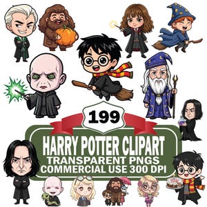 May include: A collection of cartoon-style character illustrations featuring figures from the Harry Potter series, including Harry, Hermione, and Voldemort. The text reads 199 HARRY POTTER CLIPART TRANSPARENT PNGS COMMERCIAL USE 300 DPI.