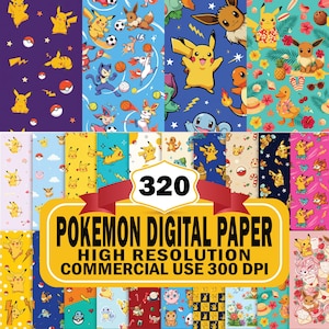 Könnte beinhalten: Eine Sammlung von 320 digitalen Papieren mit verschiedenen Pokemon-Charakteren wie Pikachu, Eevee und Squirtle in unterschiedlichen Umgebungen, darunter Sport-, Tropen- und Blumenmotive, mit dem Text 320 POKEMON DIGITAL PAPER HIGH RESOLUTION COMMERCIAL USE 300 DPI.