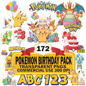Può includere: Una collezione digitale di grafiche di compleanno Pokemon con Pikachu, Charizard, Eevee, Bulbasaur e Squirtle, cappellini da festa, palloncini, torte e regali. Il testo centrale recita 172 POKEMON BIRTHDAY PACK TRANSPARENT PNGS COMMERCIAL USE 300 DPI ABC 123.