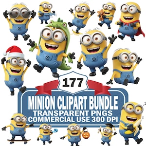 Może przedstawiać: Cyfrowa kolekcja 177 obrazków clipart Minionków przedstawiająca żółte postacie w niebieskich ogrodniczkach z różnymi akcesoriami, takimi jak okulary przeciwsłoneczne, czapka Mikołaja, kostium dinozaura, pluszowy miś, peleryna, deskorolka i dyniowy lampion.