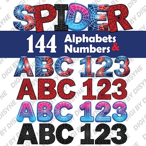 May include: A digital graphic set featuring 144 characters including alphabets and numbers. The letters and digits display various color schemes like red, blue, black, and gradient pink-blue, all decorated with a spider web pattern throughout.