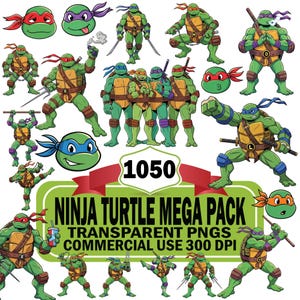 May include: A digital collection of Teenage Mutant Ninja Turtles illustrations featuring various action poses, character heads, and group shots. The central graphic includes the text 1050 NINJA TURTLE MEGA PACK TRANSPARENT PNGS COMMERCIAL USE 300 DPI.