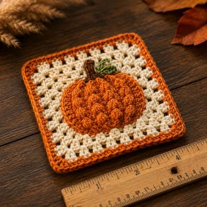 Peut inclure: Un dessous de verre carré au crochet avec une citrouille orange texturée, une tige marron et une feuille verte au centre, entouré d'une bordure granny square crème et orange, placé à côté d'une règle en bois mesurant 12,7 cm de long.