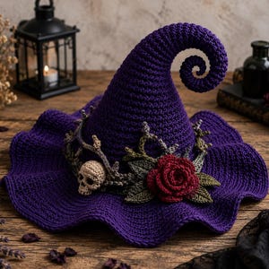 May include: A deep purple crocheted hat with a tall, curled pointed crown and a wide, wavy brim. The base of the crown is decorated with a crocheted beige skull, dark green leafy branches, and a single dark red crocheted rose flower.