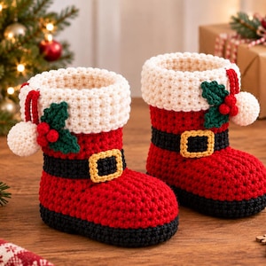 Op de afbeelding: Een paar gehaakte kerstmanlaarzen met rode lichamen, zwarte zolen en riemen met gele gespen, en witte boorden. Elke laars is versierd met een groen hulstblad, drie rode bessen en een kleine witte pompon die aan de zijkant is bevestigd.