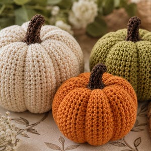 Könnte beinhalten: Drei gehäkelte Kürbisse in Creme, Olivgrün und Orange. Jeder Kürbis hat eine texturierte, gerippte Oberfläche und einen dunkelbraunen Stiel. Die Kürbisse sind in einer Gruppe angeordnet und zeigen ihre abgerundeten Formen und Garnnähte.