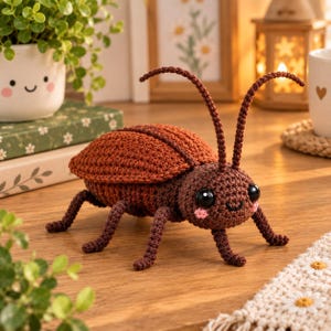 Pode incluir: Um brinquedo de besouro feito em crochê com cabeça e pernas castanho-escuras e uma carapaça cor de ferrugem. O inseto possui duas antenas longas, grandes olhos pretos de plástico e pequenas bochechas cor-de-rosa bordadas em fio texturizado.