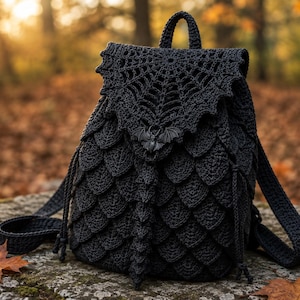 May include: A black crocheted backpack featuring a textured scale-like pattern on the body and a flap designed with a spiderweb motif. The center of the flap is adorned with a small black bat emblem, and the bag includes two shoulder straps.