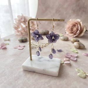 Örhängen med äkta hortensiablomma, 18K guldpläterade blommiga hängande örhängen, botaniska smycken, romantiska brudörhängen, present till henne