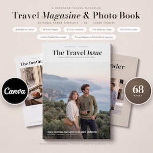 Travel Magazine Canva Template, 68-Page A4 Editable Photo Book Layout