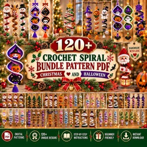May include: A digital PDF bundle featuring 120+ crochet spiral patterns for Christmas and Halloween ornaments. The collection includes various colourful hanging decorations like Santa, snowmen, pumpkins, ghosts, and witches with detailed instructions.