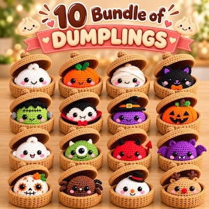 May include: A bundle of 10 crochet dumplings, each housed in a small tan woven basket with a lid. The collection features various characters including a ghost, pumpkin, mummy, black cat, Frankenstein, vampire, witch, devil, bat, and snowman.