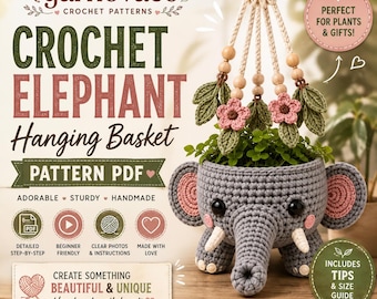 Molde de crochê para vaso suspenso em forma de elefante, PDF para decoração de casa (download digital)