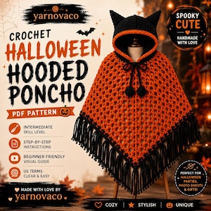 May include: A crochet hooded poncho featuring an orange open-stitch body, a black hood with cat-like ears, and black fringe trim. The poncho includes a black drawstring with pom-poms. Text on the image reads CROCHET HALLOWEEN HOODED PONCHO.