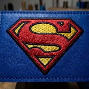 Puede incluir: Un parche rectangular de cuero azul con un logotipo de Superman bordado en el centro. El emblema consiste en una forma de S roja delineada en negro, sobre un fondo amarillo dentro de un borde de diamante rojo, cosido sobre la base de cuero.