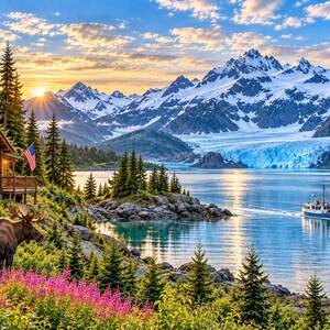 May include: A landscape scene featuring a brown moose standing in a field of pink wildflowers near a log cabin with an American flag. A boat travels across a calm blue lake toward a massive glacier nestled between snow-capped mountain peaks.