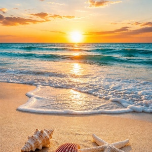 Puede incluir: Una concha espiral texturizada, una concha bivalva en forma de abanico con rayas de color marrón rojizo y una estrella de mar de cinco brazos sobre una playa de arena al atardecer, con olas turquesas bañando suavemente la orilla del mar.