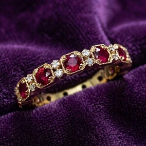 Bague d'éternité rubis et diamants, alliance en or 14 carats, bague rubis Art déco, bague empilable à motif millegrain, bijou pierre de naissance de juillet, cadeau d'anniversaire