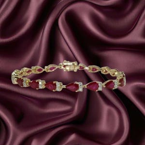 Pear Ruby Tennis Bracelet, 14K Gold Plated Bracelet, July Birthstone Jewelry, Dainty Diamond Bracelet, Bridal Gift, Anniversary Gift for Her