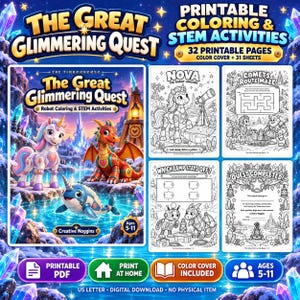 May include: A digital printable activity set titled The Great Glimmering Quest, featuring 32 pages of robot-themed colouring and STEM activities. The cover displays a colourful unicorn, dragon, and narwhal, alongside black and white activity sheets.