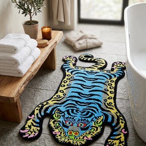 Tuftad nyzeeländsk tigermatta i ull, boho-matta, färgglad djurmönstrad matta, handgjord vardagsrums- och sovrumsinredning, unik golvmatta i present
