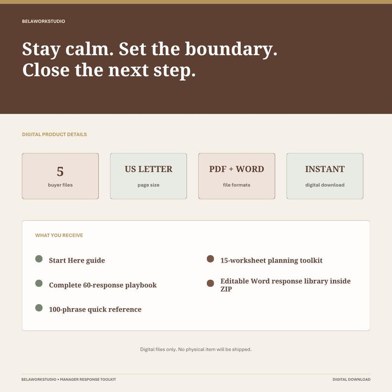 Pode incluir: Um gr&aacute;fico de informa&ccedil;&otilde;es de produto digital com um cabe&ccedil;alho marrom apresentando o texto: Stay calm. Set the boundary. Close the next step. Lista 5 arquivos do comprador, tamanho de p&aacute;gina US Letter, formatos PDF e Word e download imediato.