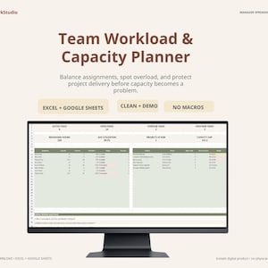 May include: A computer monitor displaying a Team Workload & Capacity Planner spreadsheet. The interface features sections for active team, open tasks, and capacity metrics. Text includes Excel + Google Sheets, Clean + Demo, and No Macros labels.