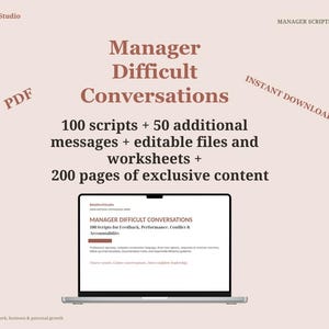May include: A digital toolkit titled Manager Difficult Conversations featuring 100 scripts, 50 messages, editable files, worksheets, and 200 pages of content. The text BelaWorkStudio, PDF, and INSTANT DOWNLOAD appear on a light pink background.