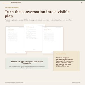 Pode incluir: Um conjunto de download digital de 15 planilhas reutiliz&aacute;veis intitulado Turn the conversation into a visible plan. O documento inclui modelos para Reaction snapshot, Pause and resume plan e Recovery action plan com linhas.