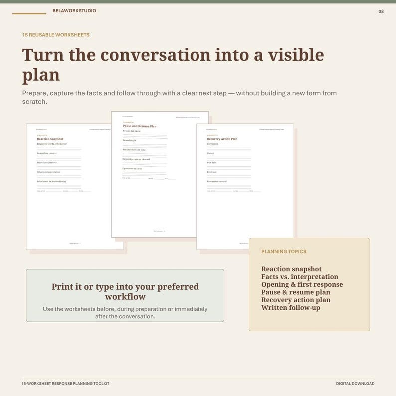 Pode incluir: Um conjunto de download digital de 15 planilhas reutiliz&aacute;veis intitulado Turn the conversation into a visible plan. O documento inclui modelos para Reaction snapshot, Pause and resume plan e Recovery action plan com linhas.