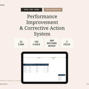 May include: A digital Performance Improvement & Corrective Action System template featuring 12 tabs, 150 cases, 600 record rows, and 5 files. The display shows a tablet screen with a spreadsheet interface, labeled BELAWORKSTUDIO, EXCEL + PDF + WORD, and INSTANT DOWNLOAD.