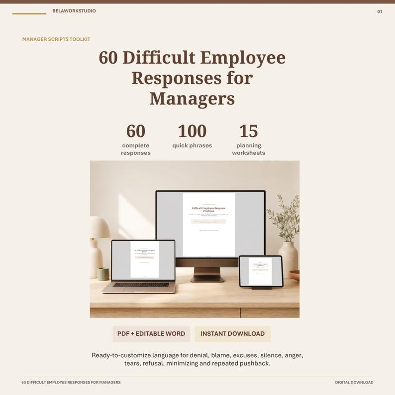 Pode incluir: Um kit de ferramentas digital intitulado 60 Difficult Employee Responses for Managers, com 60 respostas, 100 frases e 15 planilhas. A imagem mostra um laptop, um monitor e um tablet em uma mesa, com indica&ccedil;&atilde;o de formatos PDF e Word edit&aacute;vel.