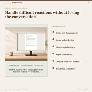 Pode incluir: Um documento digital intitulado Handle difficult reactions without losing the conversation. Lista rea&ccedil;&otilde;es como nega&ccedil;&atilde;o, culpa, sil&ecirc;ncio, raiva, l&aacute;grimas e resist&ecirc;ncia, apresentando um monitor de computador com um documento e texto.