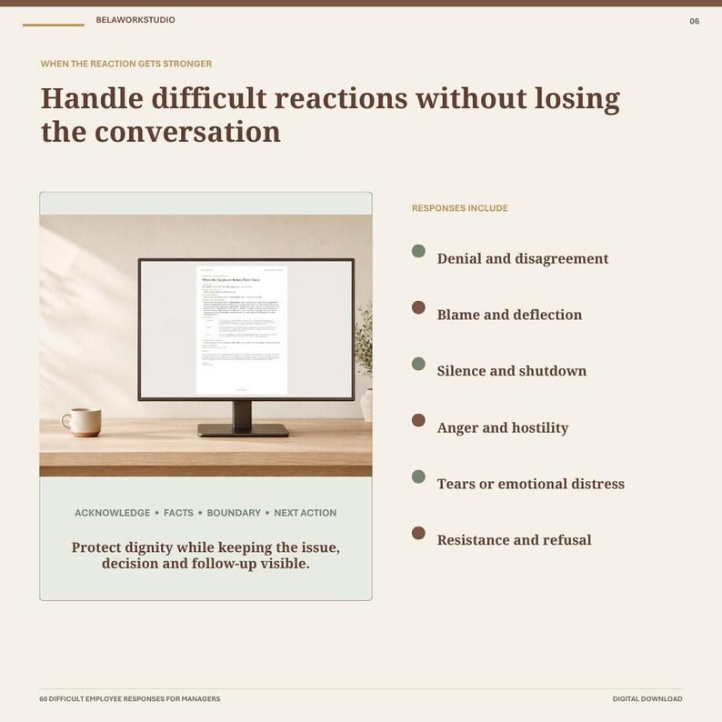 Pode incluir: Um documento digital intitulado Handle difficult reactions without losing the conversation. Lista rea&ccedil;&otilde;es como nega&ccedil;&atilde;o, culpa, sil&ecirc;ncio, raiva, l&aacute;grimas e resist&ecirc;ncia, apresentando um monitor de computador com um documento e texto.