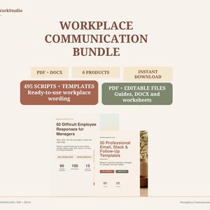 Könnte beinhalten: Ein digitales Arbeitsplatz-Kommunikationspaket von BelaWorkStudio mit 495 Skripten und Vorlagen in 6 Produkten. Enthält PDF- und DOCX-Dateien für professionelle E-Mail-, Slack- und Follow-up-Vorlagen sowie 60 Antworten für schwierige Mitarbeiter.