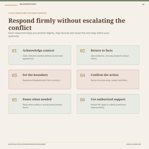 Pode incluir: Um documento digital intitulado A Calm Structure for Hard Moments, apresentando seis passos numerados para responder a conflitos. O texto descreve estrat&eacute;gias como Acknowledge context, Return to facts, Set the boundary e Confirm the action.