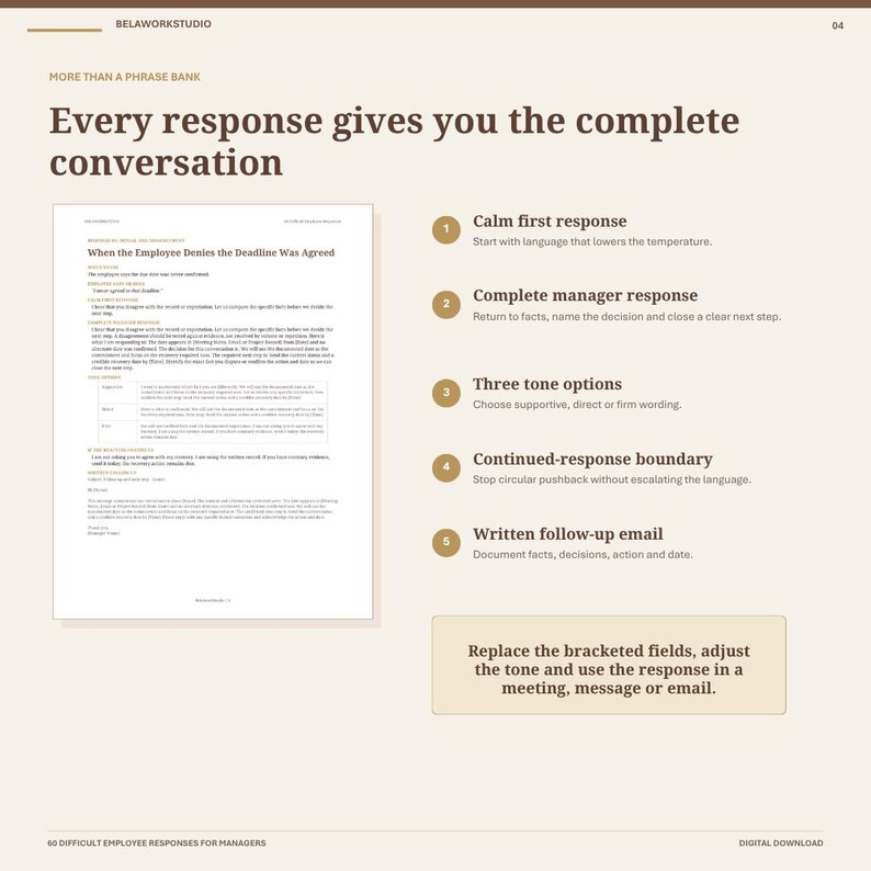 Pode incluir: Uma p&aacute;gina de documento digital intitulada Every response gives you the complete conversation, apresentando um exemplo de texto intitulado When the Employee Denies the Deadline Was Agreed, ao lado de uma lista numerada de cinco estrat&eacute;gias de comunica&ccedil;&atilde;o.
