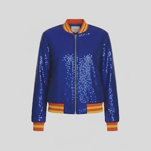 Handmade Royal Blue Sequin Bomber Jacket – Orange Trim, Women's Outerwear