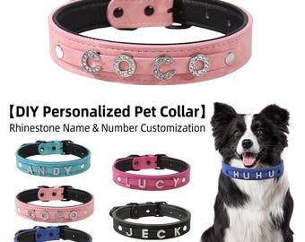 Custom Rhinestone Dog Collar, Personalized Velvet Pet Collar, Bling Name Tag, Small Medium Cats