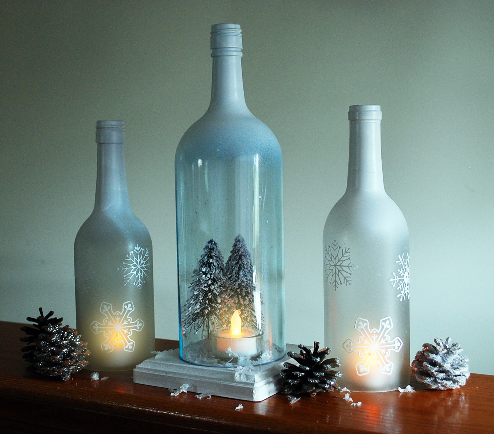 Winter Wonderland Wine Bottle Hurricane Candle Holder Set Etsy