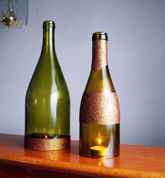 Items similar to Glittered Wine Bottle Hurricane Candle Holders on Etsy
