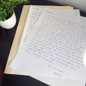 Könnte beinhalten: Ein weißes Blatt Papier mit einem handschriftlichen Brief an Vincent, dessen Text in schwarzer Tinte eine Fernbeziehung beschreibt. Der Brief liegt auf einer beigen Mappe, daneben steht ein kleiner weißer Topf mit einer grünen Pflanze.