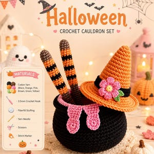 Gehaakte heksenhoed pennenhouder, handgemaakte Halloween heksenketel pot bureau organizer met roze bloemaccent
