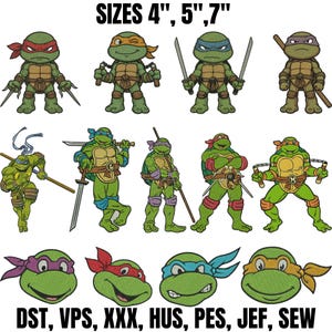 May include: A collection of Teenage Mutant Ninja Turtles embroidery designs featuring various poses and headshots. The text at the top reads SIZES 4", 5", 7" and the text at the bottom lists file formats DST, VPS, XXX, HUS, PES, JEF, SEW.