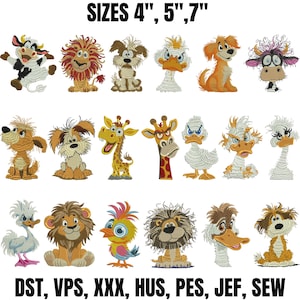 May include: A collection of eighteen embroidered animal designs featuring cows, lions, dogs, giraffes, and ducks. The text at the top reads SIZES 4", 5", 7" and the text at the bottom reads DST, VPS, XXX, HUS, PES, JEF, SEW.