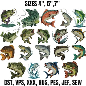 Peut inclure: Une collection de dix-huit illustrations numériques de poissons dans diverses poses, sautant ou nageant. Le texte SIZES 4", 5", 7" apparaît en haut, et DST, VPS, XXX, HUS, PES, JEF, SEW est imprimé en bas de l'image.