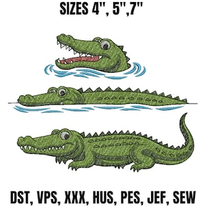 May include: An embroidery design featuring three green crocodiles in different poses with blue water ripples. The text at the top reads SIZES 4", 5", 7" and the text at the bottom reads DST, VPS, XXX, HUS, PES, JEF, SEW.